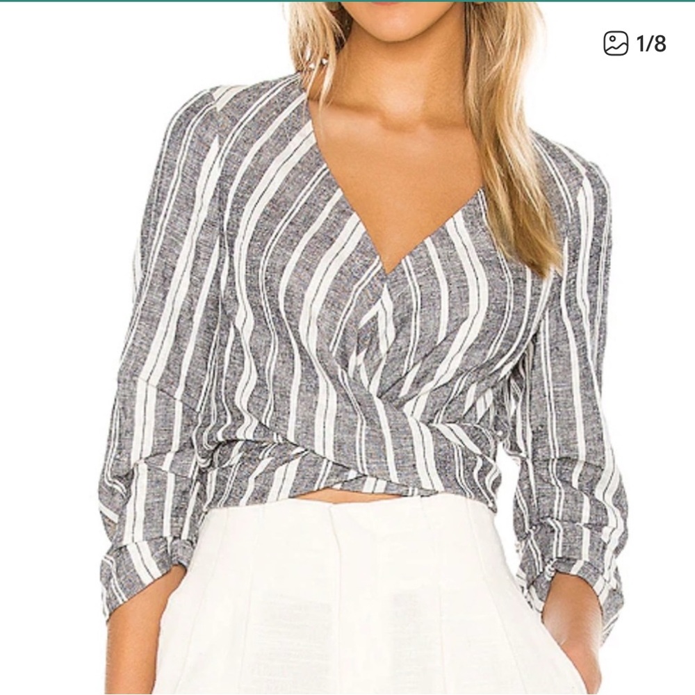 L’Academie The Adalene Blouse Navy White Striped wrap top linen